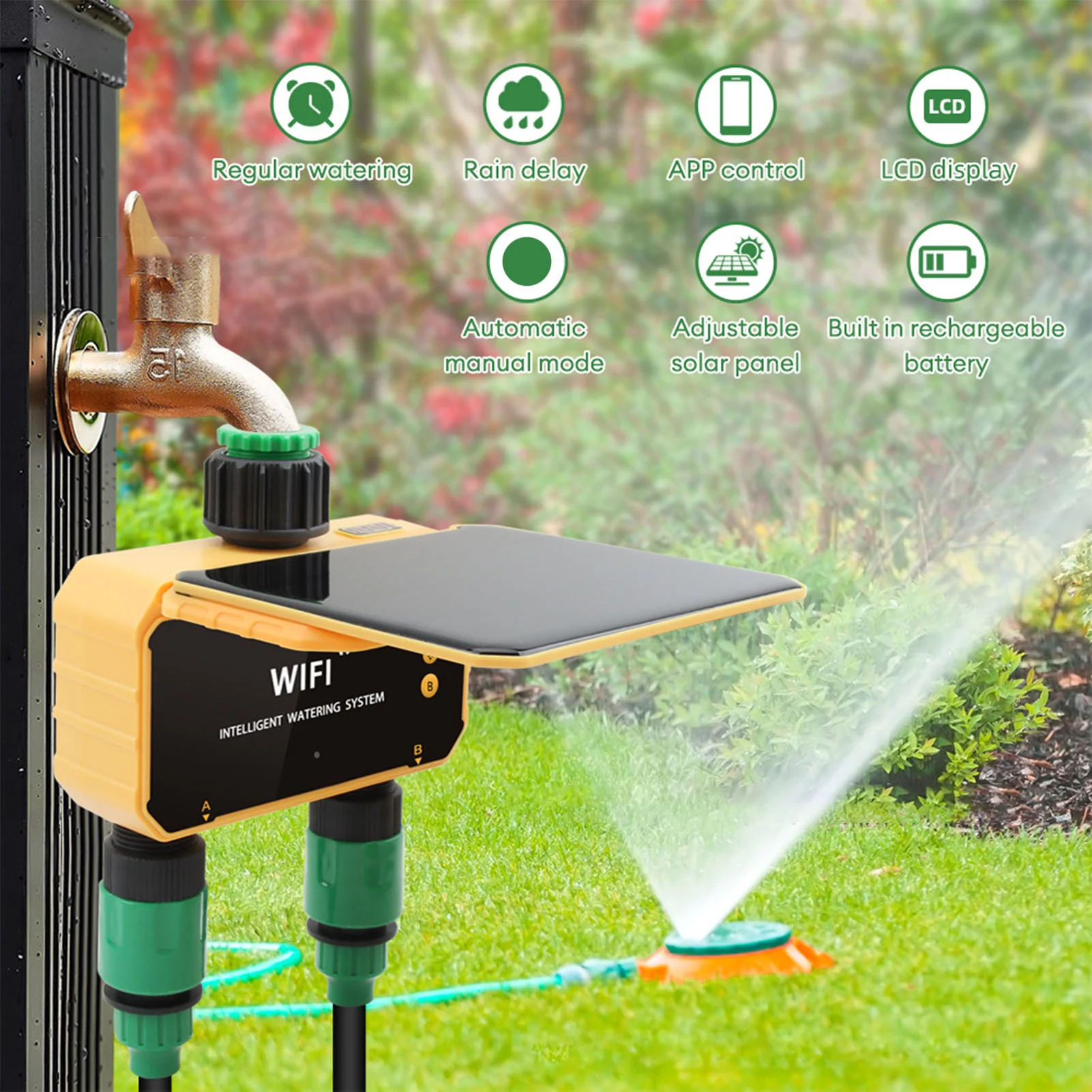 Smart Garden Usa - ตัวตั้งเวลาควบคุมการรดน้ำอัจฉริยะแบบโซลาร์ไวไฟ พร้อมฟังก์ชั่นตรวจจับฝน ควบคุมผ่านแอพพลิเคชั่น 2 ช่องจ่ายน้ำ สำหรับสวนและสนามหญ้า